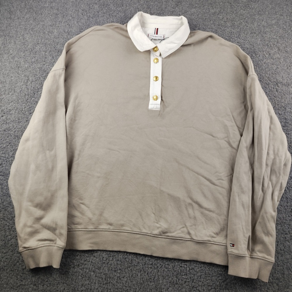 Tommy Hilfiger Sweatshirt Sz XL Rugby Polo Tan Gold Button Oversized EUC